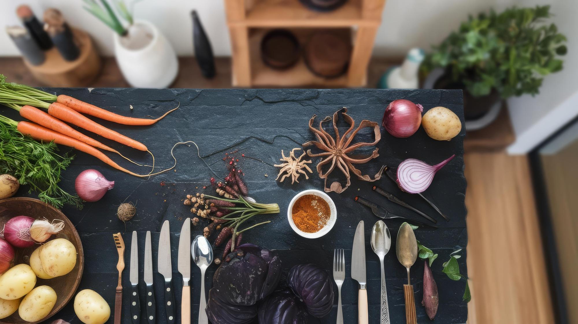 Small atelier kitchen with tools and herbs